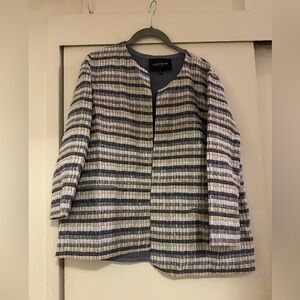 Lafayette 148 Size 8 Blue And Gray Striped Silk Blend Open Front Jacket